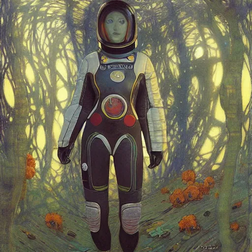 Image similar to beautiful woman in spacesuit, Martian forest, by Edgar Maxence and Ross Tran and Michael Whelan and Gustav Klimpt
