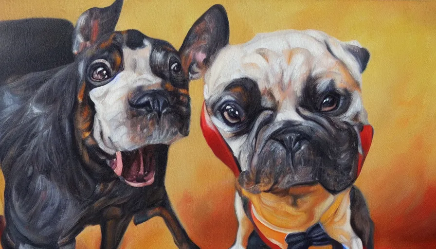 Image similar to a crazy dog in a suit, oil painting