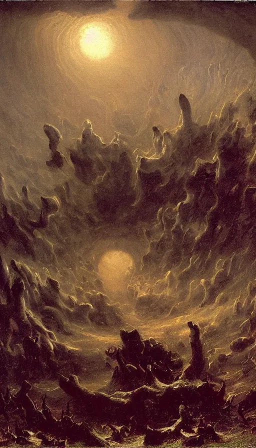 Image similar to a storm vortex made of many demonic eyes and teeth, by albert bierstadt,