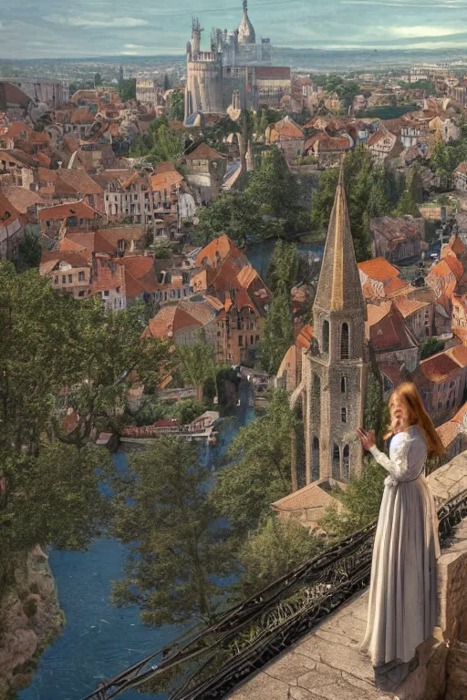 Image similar to a beautiful picture of overlook of medieval city, a girl stands on top of a bridge, detailed, 8 k