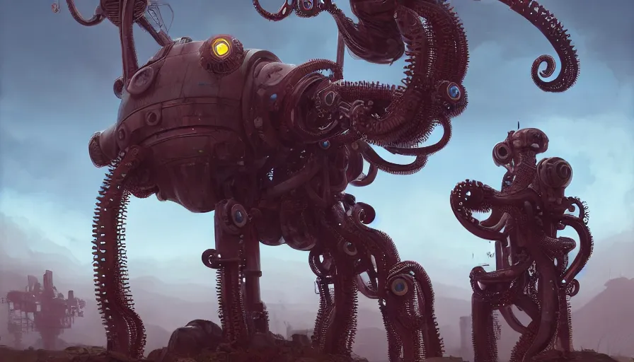 Image similar to a digital art portrait of post apocalyptic robot octopus by Simon Stalenhag, mechanical octopus power armour character design, character sheet, 4k, ultra detail, volumetric lighting, unreal engine, octane render