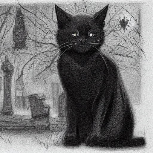 Image similar to close up of black cat in graveyard at midnight, pencil sketch, realistic shaded, fine details, realistic shaded lighting poster by greg rutkowski