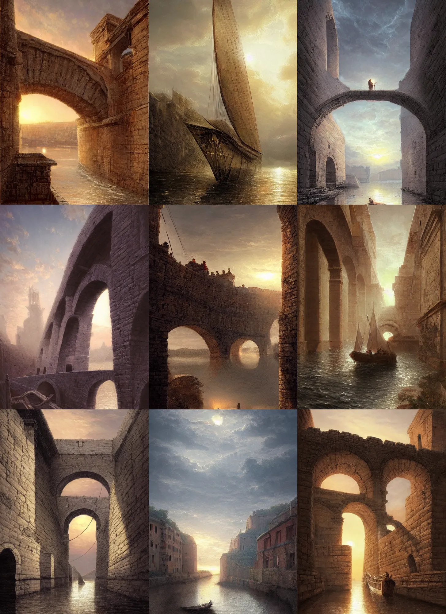 Prompt: Ancient sail boat crossing an aqueduct, medieval city, sunset, digital art, worth1000.com, cgsociety, by greg rutkowski, by Gustave Doré, by Marco Turini, by Artgerm, Deviantart