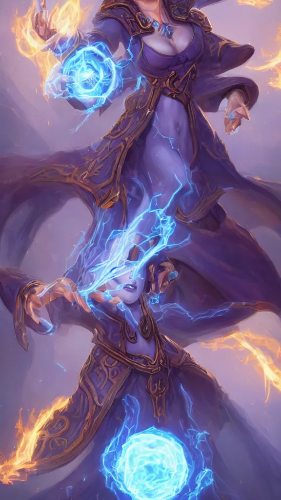 Image similar to hearthstone official professional art. a sorceress, wearing a robe casting a fire ball. insanely coherent physical body parts ( face, arms, legs, hair, eyes, pupil, eye white ). full body realistic, sharp focus, 8 k high definition, insanely detailed, intricate, elegant, smooth, sharp focus, illustration, artstation