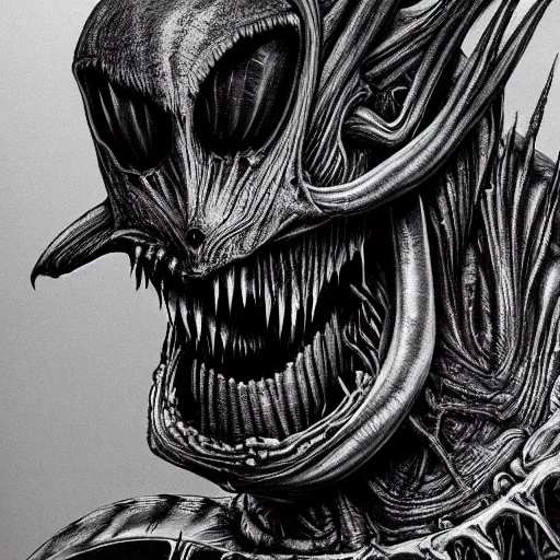 Image similar to Concept art. Alien monster. Terrifying. Dark. Smokey. Bone. Ash. Teeth. Art by HR Giger. Extremely detailed. 4K.