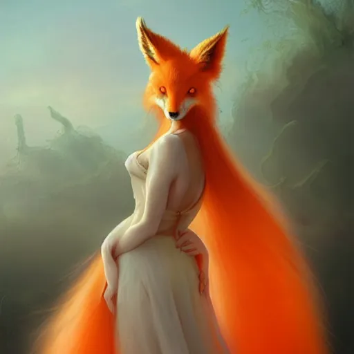 Prompt: prompt A beautiful portrait of a white red orange kumiho, translucent silky dress, long clumpy hair in the shape of fox tail, backlit, concept art, matte painting, by Peter Mohrbacher