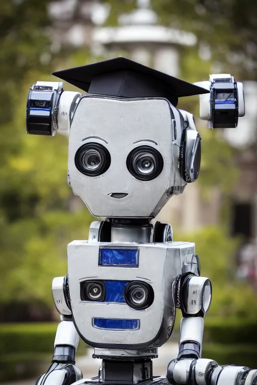 Prompt: a portrait photo of a extremely detailed robot wearing a oxford graduation hat. nikon z 9. 5 0 mm, f / 1. 8 photography. portrait photography. ultra hd, 8 k, graduation photo