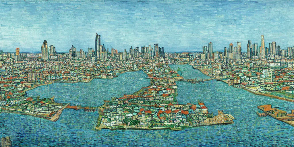 Prompt: panama city skyline by mc escher and van gogh, studio ghibli color scheme