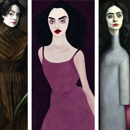 Prompt: a combination of Maisie Williams, Krysten Ritter, Anne Hathaway and Natalia Dwyer Christina Ricci and Lily Collins by Remedios Varo