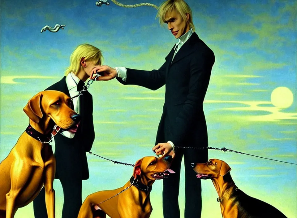 Image similar to realistic detailed portrait movie shot of an elegant blond male vampire with a doberman on a leash, sci fi landscape background by denis villeneuve, amano, yves tanguy, alphonse mucha, max ernst, caravaggio, roger dean, masterpiece, rich moody colours, dog teeth, blue eyes