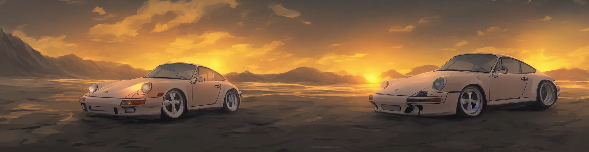 Prompt: beautiful, detailed digital painting of a porsche 9 1 1 looking at the sunset, anime by makoto shinkai, sand, waves, trending on artstation