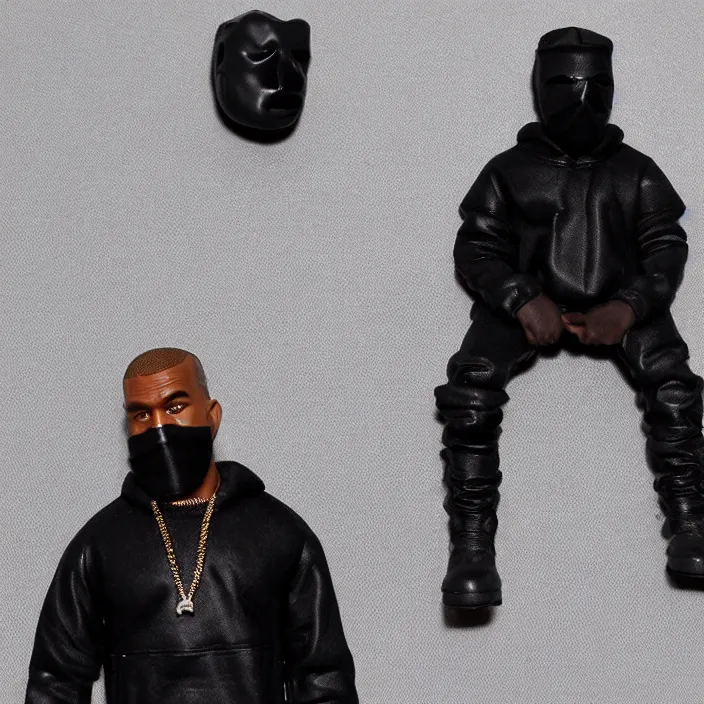 Image similar to kanye west using a black mask with small holes, a black shirt, a black undersize hoodie and black rubber boots, a hot toys figure of kanye west using a black mask with small holes, a black shirt, a black undersize hoodie and black rubber boots, figurine, detailed product photo