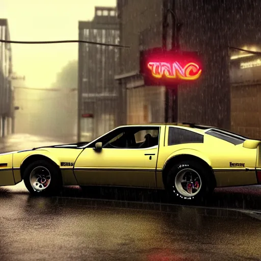 Image similar to hyperdetailed, photorealistic photograph of a 1 9 8 2 pontiac firebird trans - am drifting in the streets, rain, night, dense fog, hd, unreal engine 5 by greg rutowski, by stanley artgerm, by alphonse mucha