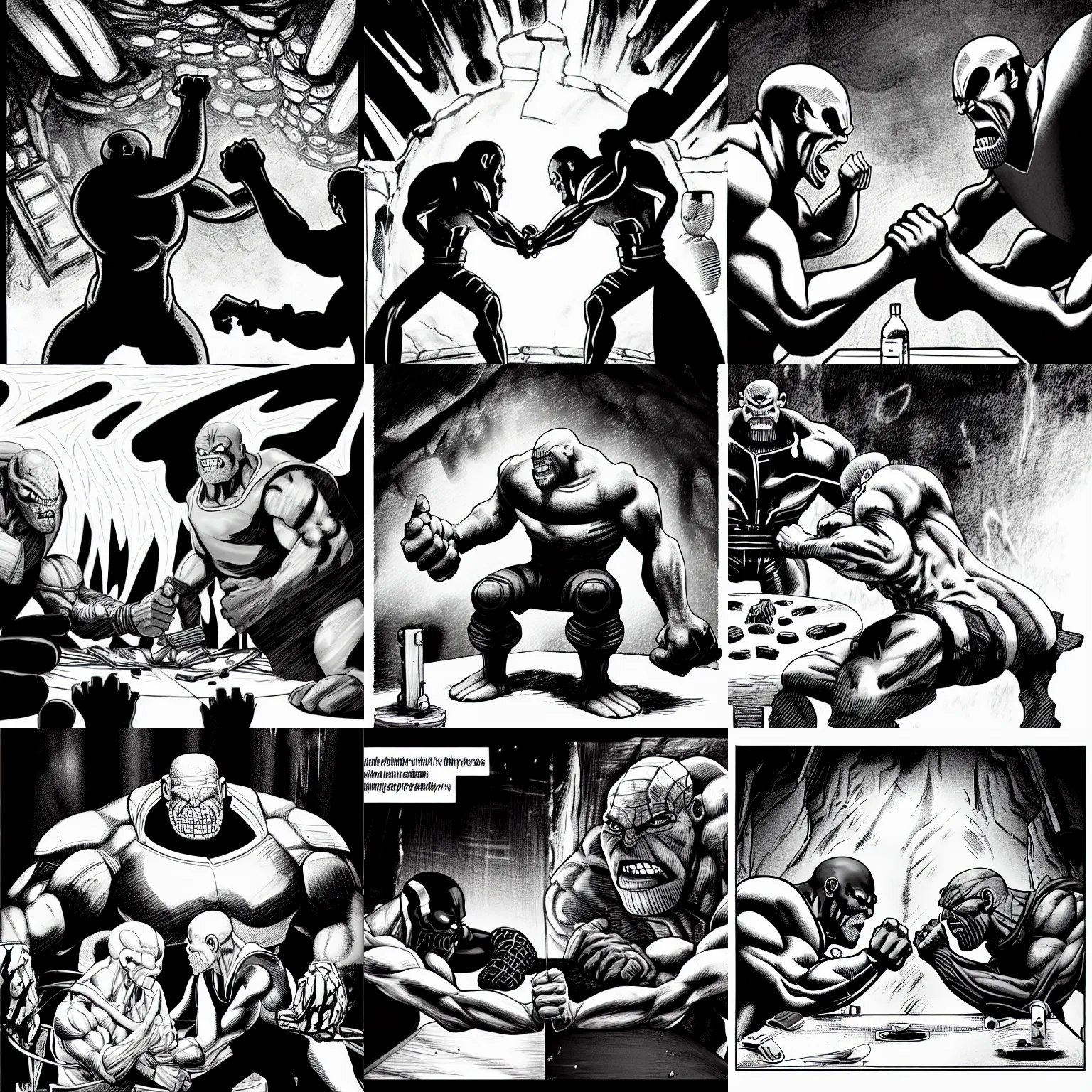 Prompt: black and white thanos plays arm wrestling with the thanos at a broken table in a cave, by tsutomu nihei, cimematic, comic, black and white, old cave with slime and wires background