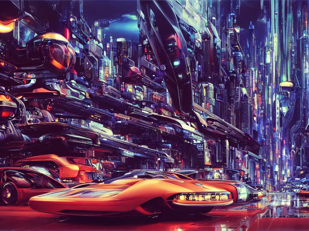 Prompt: hyperrealistic painting of a slice of life from a futuristic city, mechanical designs, futuristic cars, technological, engineering, night, vivid color, elegant, meticulous, cinematic, cyberpunk style, highly detailed!, realism, intricate, acrylic on canvas, 8 k resolution, concept art, by noriyoshi ohrai, john berkey, moebius