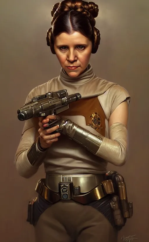 Image similar to portrait of princess leia, starwars, pistol, upper body, fantasy, intricate, elegant, highly detailed, digital painting, artstation, concept art, smooth, sharp focus, illustration, art by artgerm and greg rutkowski and alphonse mucha