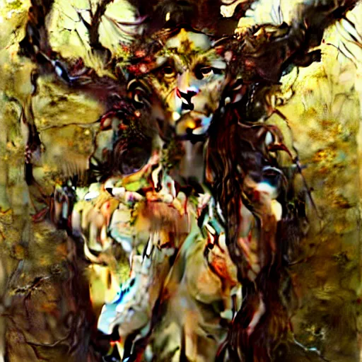 Image similar to highly detailed portrait of a female dryad with a wooden face. art by donato giancola, eugene delacroix, ruan jia, carl larsson, peter mohrbacher. trending on artstation, intricate details, energetic composition, horror themed, golden ratio, concept art, illustration, elegant art, global illumination