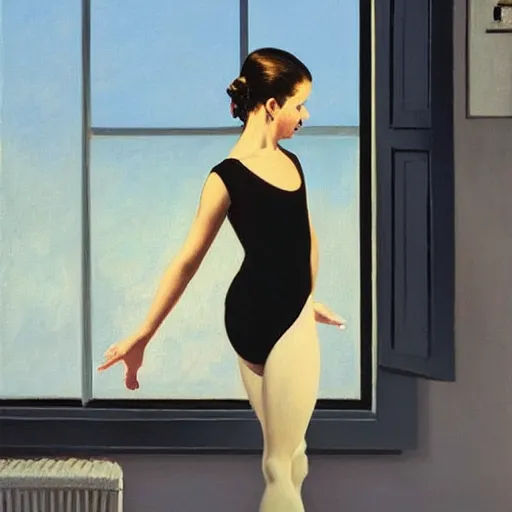 Image similar to artwork painting of a ballet dancer in a black tutu standing in front of a window with perfect blue sky by jack vettriano h 6 4 0