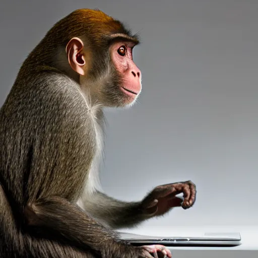 Image similar to award winning photo of a monkey curiously looking at a laptop. Studio photography