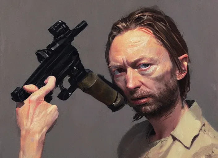 Image similar to a highly detailed beautiful portrait of thom yorke with a gun, by gregory manchess, james gurney, james jean