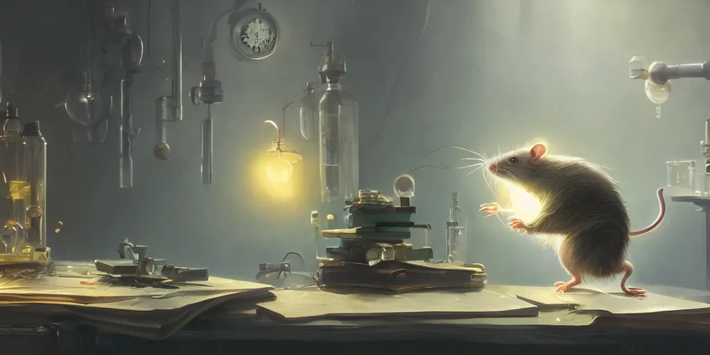 Image similar to rat sitting on a desk in a laboratory with lots of flasks filled with magic liquids and poisonous fog, stephen bliss, unreal engine, fantasy art by greg rutkowski, loish, rhads, ferdinand knab, ilya kuvshinov, rossdraws, tom bagshaw, global illumination, radiant soft light, detailed and intricate environment