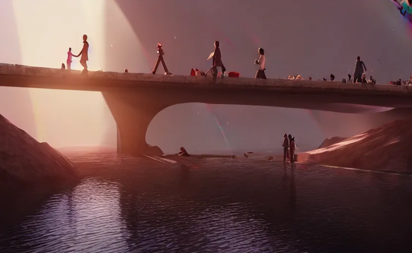 Prompt: incredible, mindblowing, refugees crossing a beautiful bridge made of rainbow hardlight, matte painting, makoto shinkai, artstation, cgsociety, dramatic lighting, concept art, octane render, arnold 3 d render