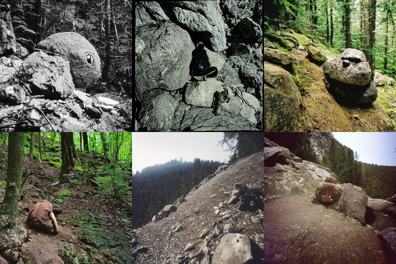 Prompt: found footage, a monster hiding behind a rock in the background of a hiker's path, 3 5 mm film