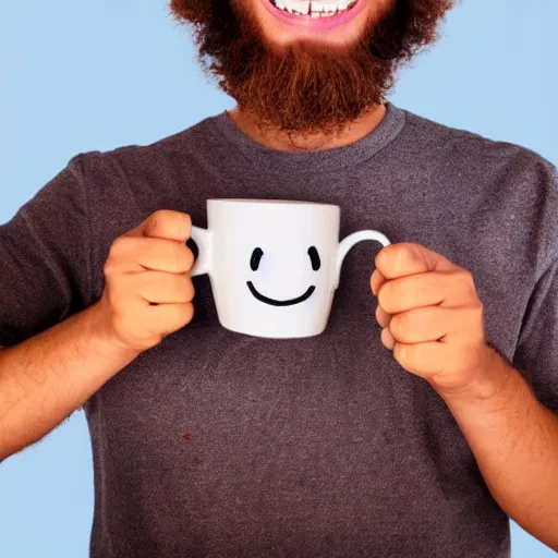 Prompt: a man holding a coffee mug. the coffee mug has a smiling, cartoony face on it.