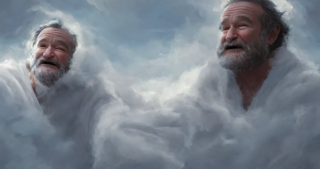 Image similar to robin williams is god, white beard, clouds, heaven, blue eyes, white robe, intricate, detailed, volumetric lighting, scenery, digital painting, highly detailed, artstation, sharp focus, illustration, concept art, ruan jia, steve mccurry