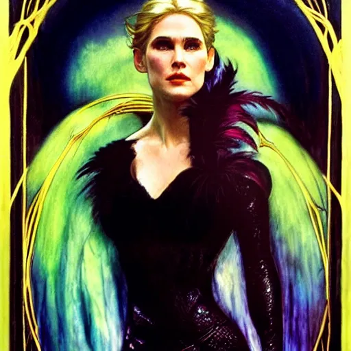 Image similar to jennifer connelly as dark swan queen, black feathers instead of hair, feathers growing out of skin, moulting, suspended in zero gravity, on spaceship with cables hanging down, highly detailed, mike mignogna, ron cobb, mucha, oil painting