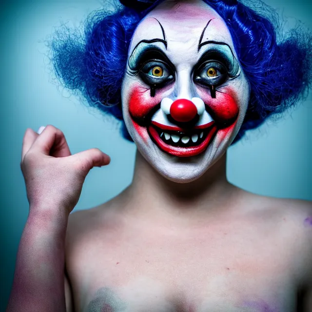 Prompt: photo of a beautiful creepy female clown, highly detailed, 8 k, hdr, close up, smooth, sharp focus, high resolution, award - winning photo