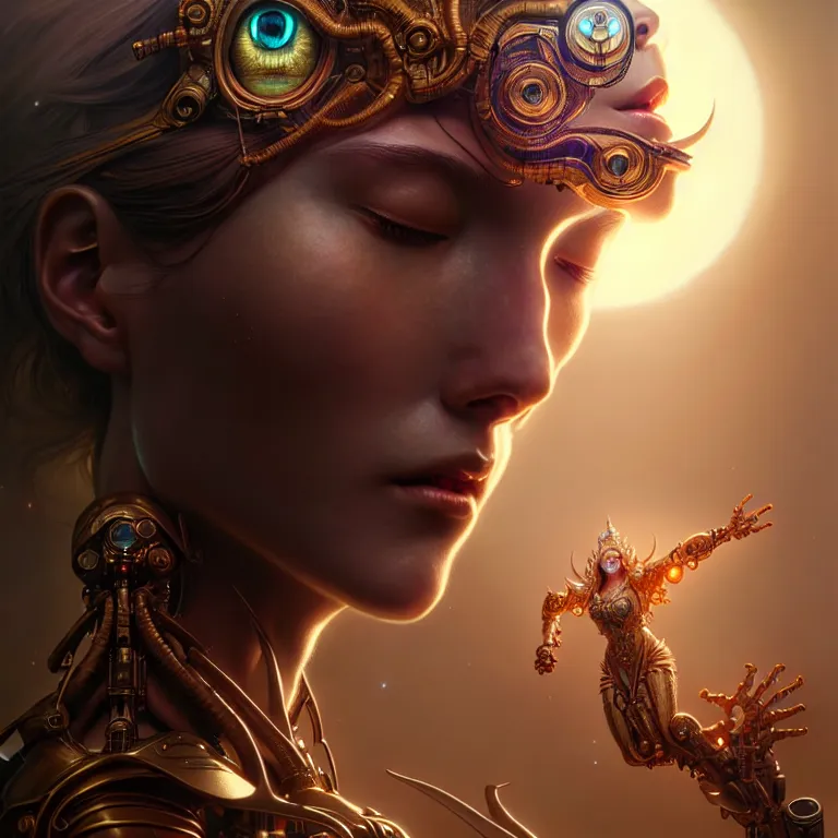 Image similar to ultra realistic beautiful cyborg deity eyes closed, fantasy, intricate details, movie still, highly detailed, photorealistic, octane render, eerie, 8k, art by artgerm and james clyne and greg rutkowski and alphonse mucha