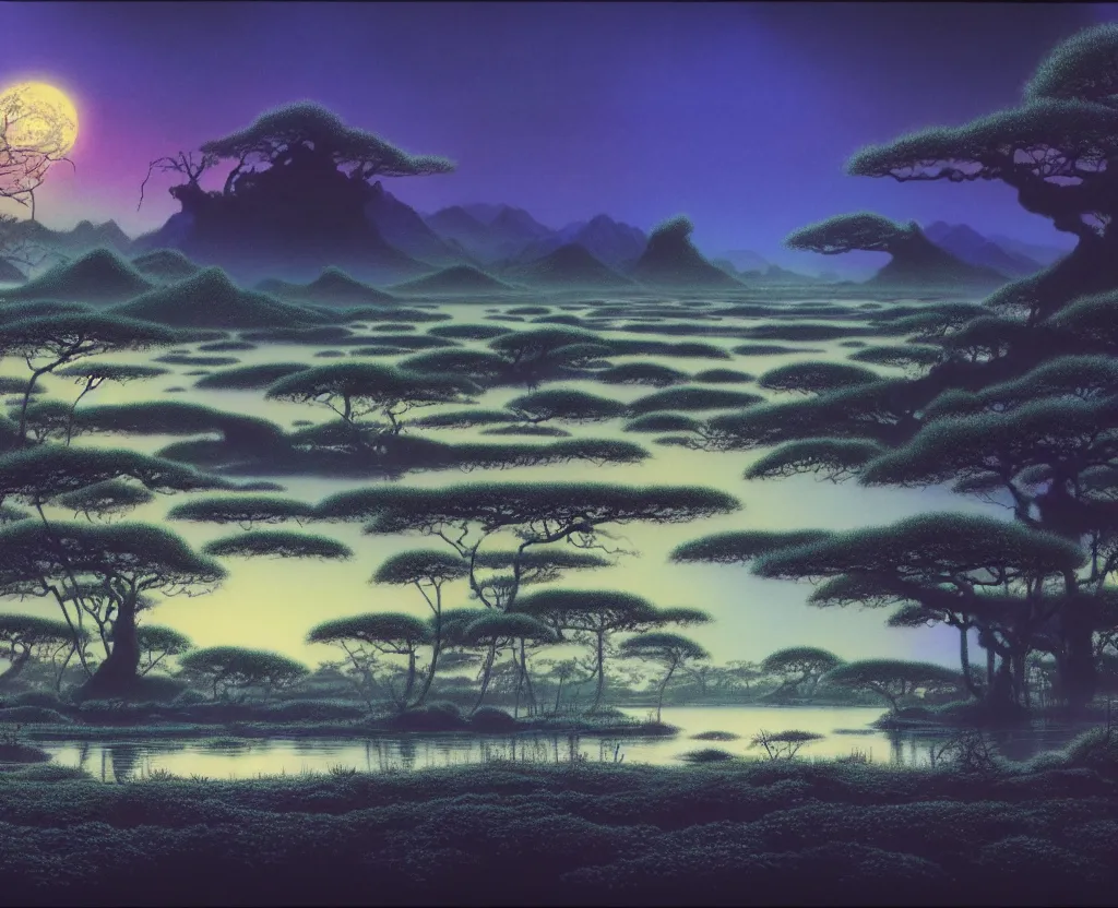 Image similar to a landscape pastel in the style of noriyoshi ohrai and mark tedin of an ancient swamp, night time. key art. 4 k retrofuturistic fantasy