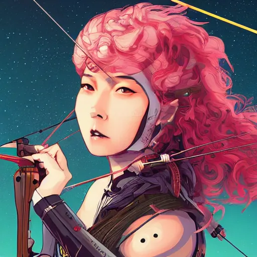 Image similar to close up, attractive sports woman in archery, arrows and bow in action, a grungy cyberpunk anime, very cute, by super ss, curly pink hair, night sky by wlop, james jean, victo ngai, highly detailed