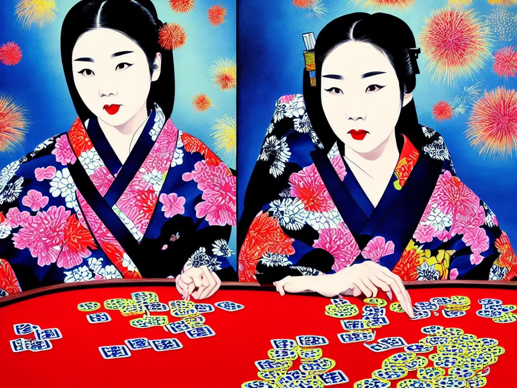 Image similar to hyperrealistic composition of the detailed woman in a japanese kimono sitting at a extremely detailed poker table with detailed darth vader, fireworks, mount fuji on the background, pop - art style, jacky tsai style, andy warhol style, acrylic on canvas