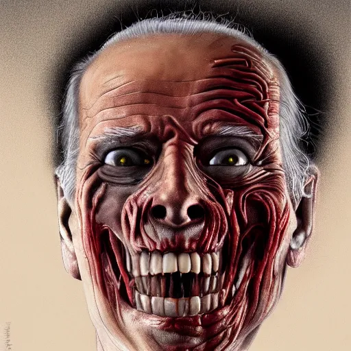 Prompt: a portrait of joe biden, flesh eating worms, macabre, horror, saw teeth, horror rotten teeth, peeling face skin, decomposing skin tones, by junji ito, wlop, zdzisław beksinski, realistic face, visible face, digital art, artstation, symmetry