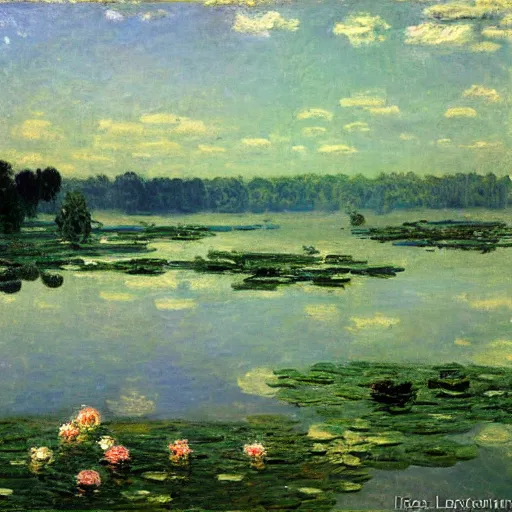 Prompt: painting of a lake, by Isaac Levitan, water lillies, monet, atmospheric, impasto