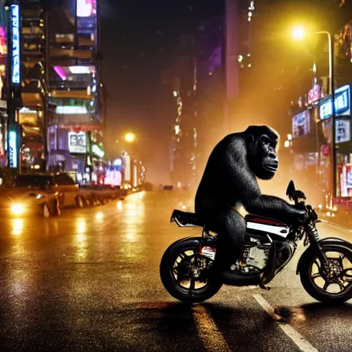Prompt: a gorilla is riding a motor cycle in a cyberpunk city, shot from far away, during night, raining, many puddles on the street where the shiny motorcycle is reflected in