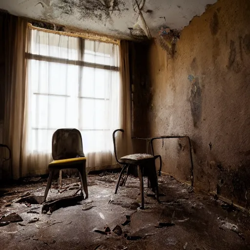 Image similar to an old hotel room, the walls are decaying, the floor has plants growing through cracks, the room is filled with tables and chairs, the tables have moldy food on them, sunlight is coming through a window, taken on a 2. 2 mm ultrawide camera.