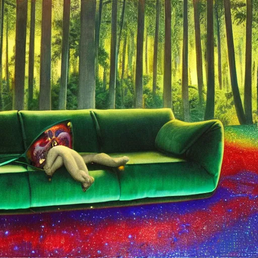 Image similar to psychedelic couch sofa in the lush pine forest, milky way, designed by arnold bocklin, jules bastien - lepage, tarsila do amaral, wayne barlowe and gustave baumann, cheval michael, trending on artstation, star, sharp focus, colorful refracted sparkles and lines, soft light, 8 k 4 k