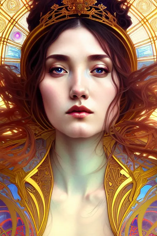 Image similar to empress of eternity, space, universe, portrait, highly detailed, deep focus, elegant, digital painting, smooth, sharp focus, illustration, ultra realistic, 8 k, art by artgerm and alphonse mucha