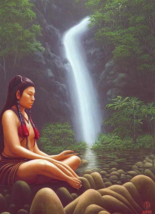 Prompt: an indigenous woman meditating near a river in the amazon jungle, art by christophe vacher