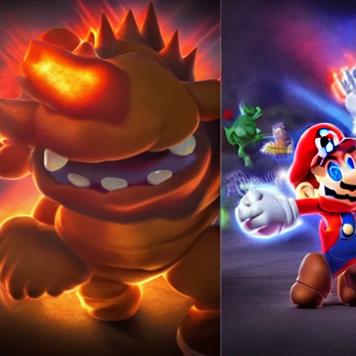 Image similar to mario battling bowser in the style of elden ring extremely detailed awe stunning beautiful volumetric light hyper real, 8k, colorful, 3D cinematic