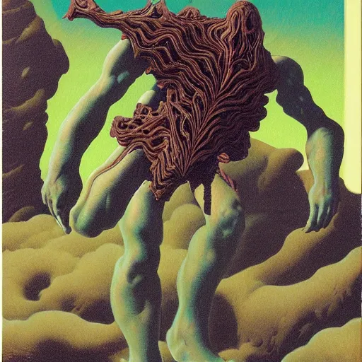 Prompt: doom, highly detailed, artstation, in the style of moebius, art by rene magritte and jean delville