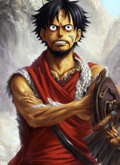 Image similar to luffy as _ fantasy _ style _ portrait _ painting _ of middle eastern male brown wavy hair beard, rpg dnd oil _ painting _ unreal _ 5 _ daz. _ rpg _ portrait _ extremely _ detailed _ artgerm _ greg _ rutkowski _ greg