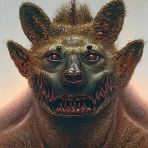 Image similar to horrific grotesque spider and hyena hybrid, beksinski style painting, highly detailed