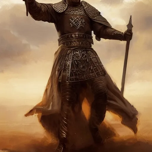 Image similar to a dramatic epic ethereal portrait of a medieval king, full body with dynamic pose, male, detailed face, cinematic lighting, highly detailed oil on canvas painting by Greg Rutkowski, winning-award digital art trending on Artstation H 1024 W 832