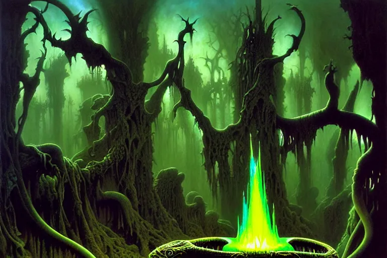 Image similar to shades of forgotten misery and despair by michael whelan and roger dean and brom and hubert robert and greg staples and donato giancola, beautiful, mythical, flesh robe, highly detailed, hyperrealistic, intricate, energy, electric, blue flame, low light, green crystal, high contrast, old and young, lifelike