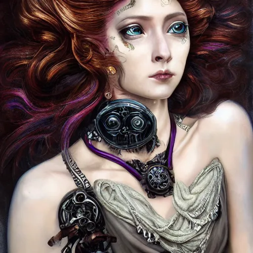 Prompt: portrait, headshot, insanely nice professional hair style, dramatic hair color, digital painting, of a old 17th century, Greek Goddess, old cyborg merchant, amber jewels, baroque, ornate clothing, scifi, realistic, hyperdetailed, chiaroscuro, concept art, art by Franz Hals and Jon Foster and Ayami Kojima and Amano and Karol Bak,