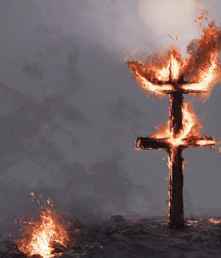 Prompt: a beautiful hyperrealistic detailed 3D render of a burning cross, by Anton Otto Fischer, Atey Ghailan, genzoman, unreal engine, octane render, gigantic, 3D, brilliantly coloured, intricate, ultra wide angle, trending on artstation, embers, smoke, dust, dusk, volumetric lighting, HDR, polished, micro details, ray tracing, 8k